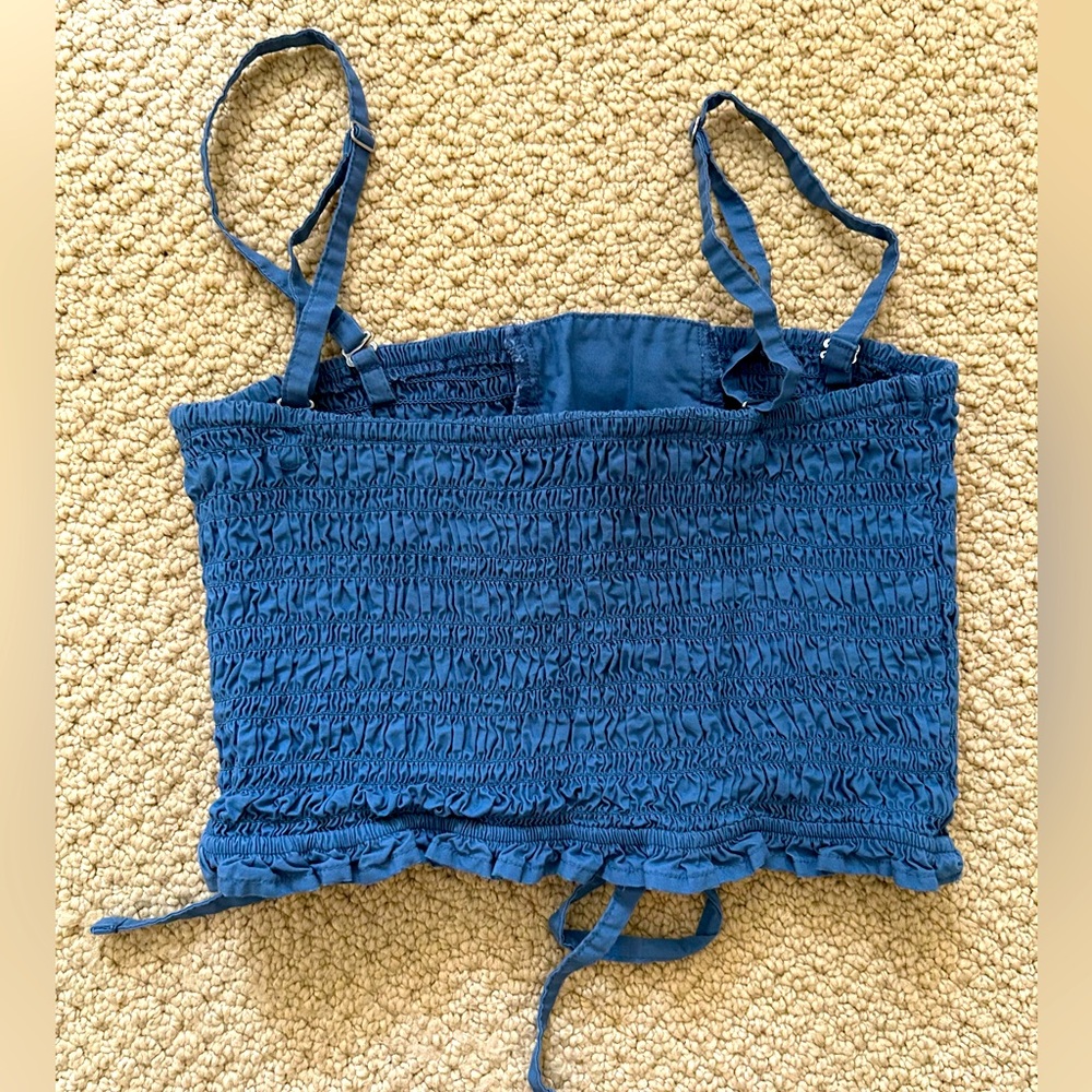 American Eagle Chic Blue Lace-Up Smocked Crop Top - Picture 3 of 4